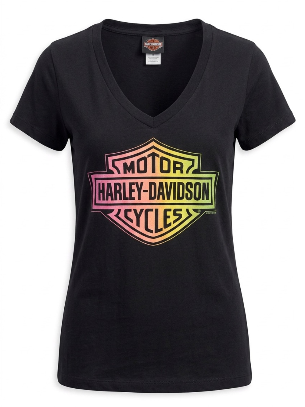 Harley-Davidson Black V-Neck Tee with Pink-Orange-Yellow Gradient Shield